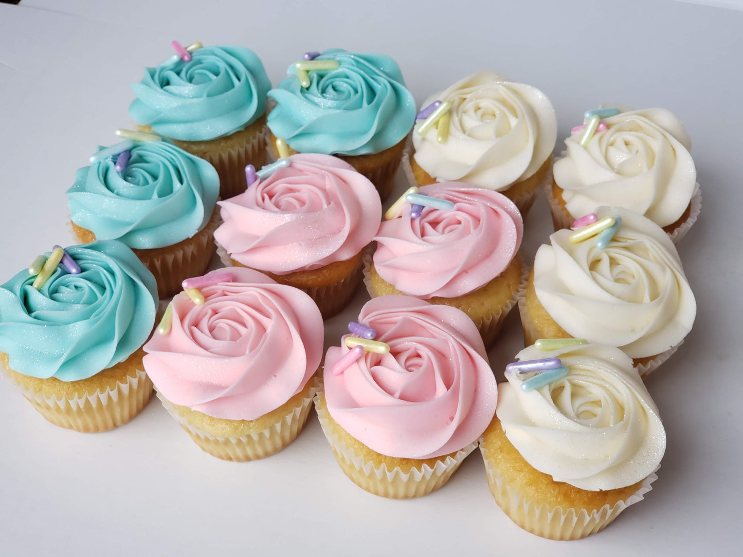 Regular Size Cupcakes with Rosettes and Oversized Sprinkles