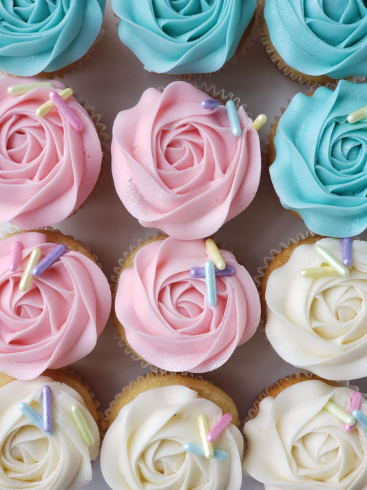 Regular Size Cupcakes with Rosettes and Oversized Sprinkles